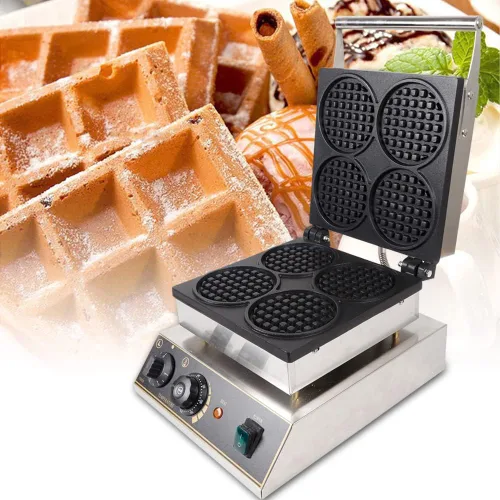 Miniatura 5 de Máquina de hacer gofres comercial de acero inoxidable de 1750 W, máquina de panadería redonda de 110 V, máquina eléctrica para hacer gofres de acero