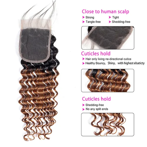 Miniatura 3 de Cabello humano virgen brasileño degradado 30 con cierre de encaje 4x4, 100% cabello virgen humano sin procesar, línea capilar prearrancada, cierre