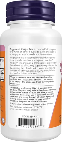 Miniatura 3 de Now Supplements, Magtein® con forma patentada de magnesio (Mg), soporte cognitivo*, polvo, 3.2 oz