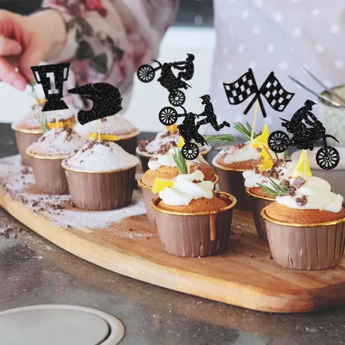 Miniatura 6 de Ephlyn Decoración para cupcakes de motocicleta, 24 piezas de decoraciones negras con purpurina para deportes, tema de motocross, para hombre y niño