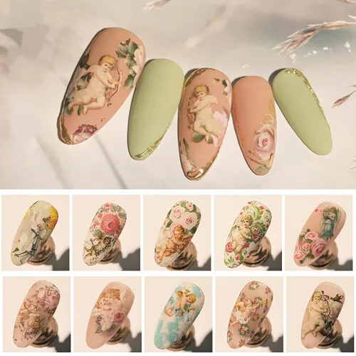 Miniatura 7 de 10 hojas de transferencia de lámina de uñas, diseño de flor de Cupido en ángulo, calcomanías de uñas, calcomanías de arte de uñas, tiras