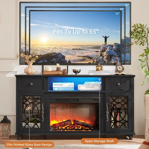 Miniatura 4 de Joaxswe - Soporte de TV estilo rústico con chimenea, centro de entretenimiento de 59 pulgadas con chimenea eléctrica y luces LED para televisores