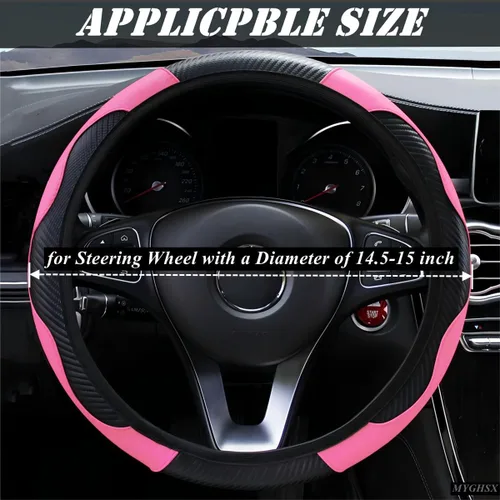 Miniatura 2 de Funda universal de microfibra para volante de automóvil, fibra de carbono elástica, 15 pulgadas, transpirable, antideslizante, protector de volante