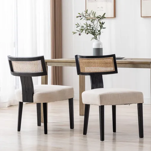 Miniatura 2 de BESTANO Juego de 2 sillas de comedor de ratán, modernas sillas de comedor de madera negra de mediados de siglo, sillas de comedor tapizadas de tela