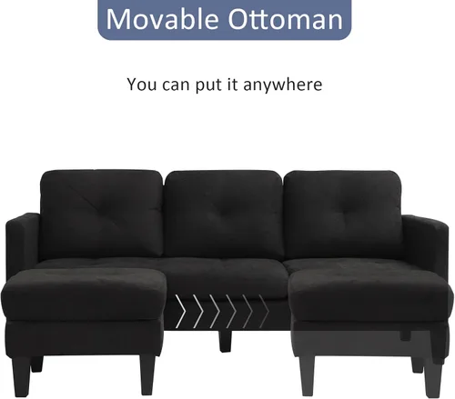 Miniatura 6 de Grepatio Sofá modular convertible, sofá en forma de L de 3 asientos con tela de lino moderna para espacio pequeño y sala de estar (negro)