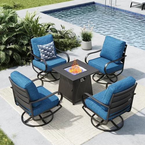 Miniatura 22 de MFSTUDIO Juego de muebles de patio de 6 piezas con mesa de fogata de gas de 45 pulgadas (hasta 7 asientos), sofás de conversación de patio con marco