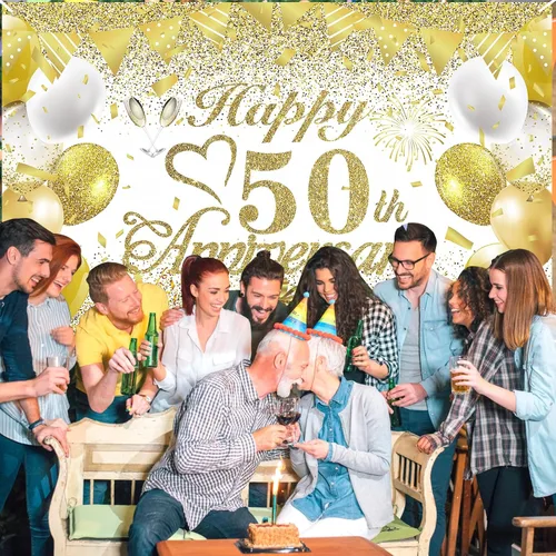 Miniatura 6 de Cartel de decoración del 50º aniversario de boda, pancarta de oro blanco con el texto en inglés "Happy 50th Anniversary" para mujeres y hombres