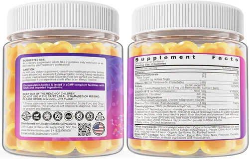 Miniatura 9 de Gomitas L-metilfolato de 15 mg 7.5 mg y B12 1000 mcg, complejo B metilado + TMG, magnesio, colina - activo 5-MTHF (B9) + metil B12, B6