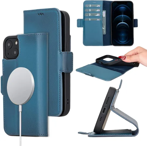 Miniatura 15 de Bayelon Funda para iPhone 13 Pro Max, funda de piel de grano completo, funda magnética con ranuras para tarjetas, función atril (bronceado rústico)
