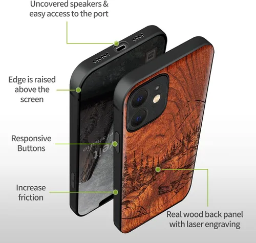 Miniatura 9 de Carveit Funda magnética de madera para iPhone 12 [madera natural y TPU suave negro] a prueba de golpes, funda de madera única compatible con MagSafe