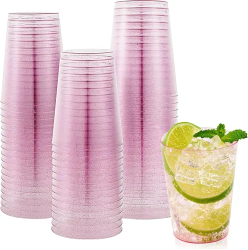 JOLLY CHEF Vasos de plástico morados de 10 oz, paquete de 100 vasos de fiesta tumblers, vasos desechables de plástico morado con purpurina para