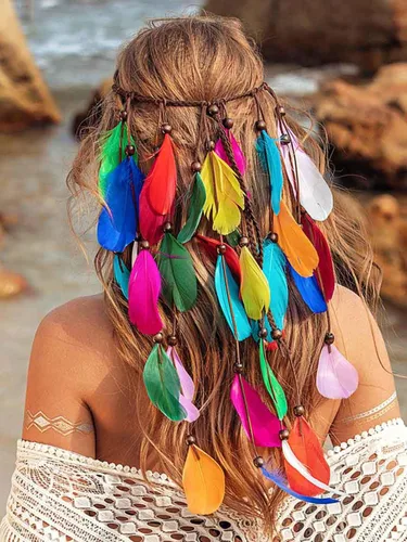 Miniatura 11 de GORTIN Diadema de plumas bohemias, disfraz gitano, tocado negro, bohemio, hippie, banda para el pelo para festival indio, accesorio para el cabello