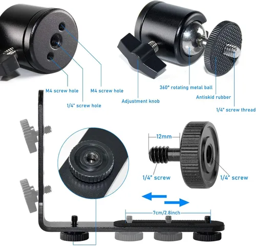 Miniatura 4 de EXMAX® Soporte para cámara de luz flash en forma de L de aleación de aluminio de metal con tornillo de 1/4 pulgadas + mini trípode de cabeza de bola