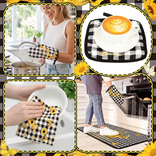 Miniatura 5 de Fourluoo Juego de 10 piezas de decoración y accesorios de cocina de girasol, diseño de búfalo blanco y negro, juego de manoplas de horno y soportes
