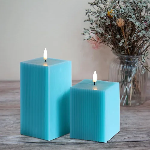Miniatura 5 de Velas sin llama azul turquesa con control remoto, velas LED cuadradas acanaladas que funcionan con pilas, juego de 2 velas de cera real parpadeante