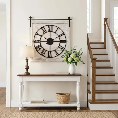Miniatura 9 de EMAX HOME Reloj de pared grande estilo casa de campo, reloj de madera rústico cuadrado marrón de 24 pulgadas con letrero decorativo de madera