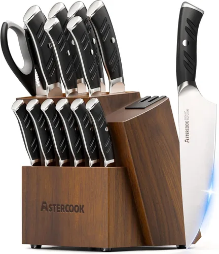 Astercook Juego de cuchillos de cocina con bloque y afilador doble, 15 cuchillos de acero inoxidable alemán de hoja afilada, aptos para Premium