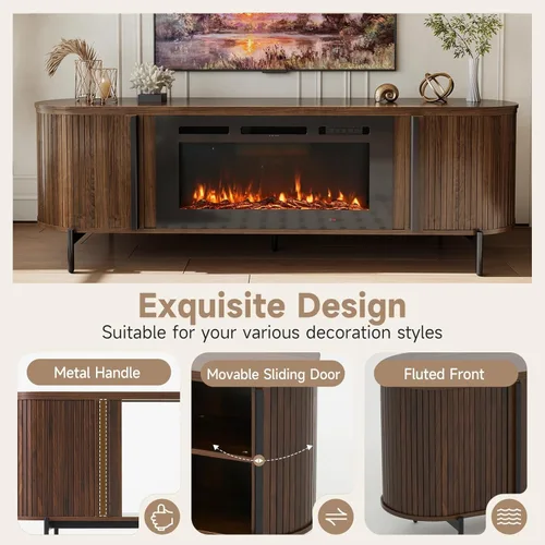 Miniatura 3 de Soporte de TV de lujo de 70 pulgadas con chimenea, moderno soporte de TV de mediados de siglo, centro de entretenimiento para televisores de hasta