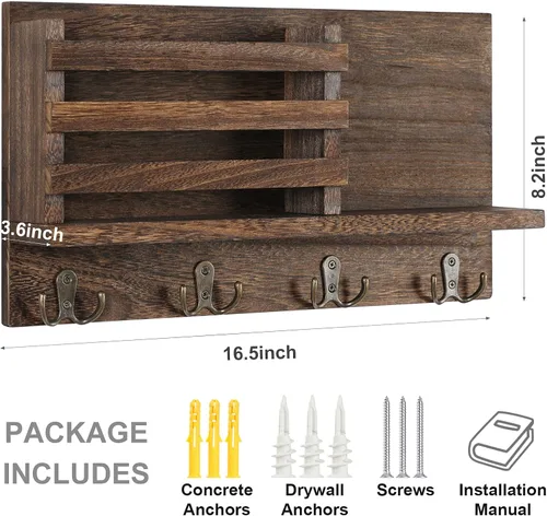 Miniatura 5 de Lwenki Soporte para llaves y correo para pared, madera rústica de Paulownia natural, 4 ganchos dobles, organizador montado en la pared