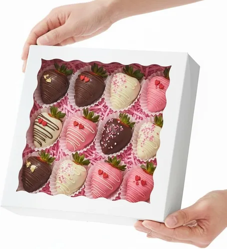 Miniatura 7 de RomanticBaking 28 cajas de panadería de 9 x 9 x 2.5 pulgadas con ventana para pastel, fresas cubiertas de chocolate, corazón quebradizo, galletas