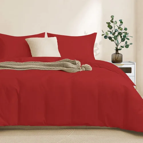 Juego de funda de edredón 100% algodón, cierre de cremallera oculto, ultra suave, fácil de cuidar y duradero, estilo de cama simple, Queen, rojo