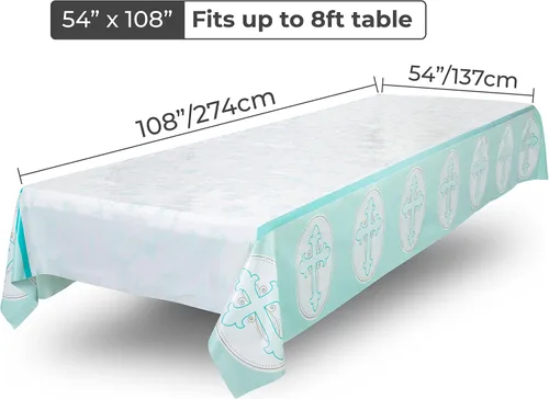 Miniatura 4 de ROYAL BLUEBONNET Mantel de bautismo azul – Juego de 2 decoraciones de fiesta de bautismo para niños, mantel de Pascua de plástico para mesa de 6 u 8