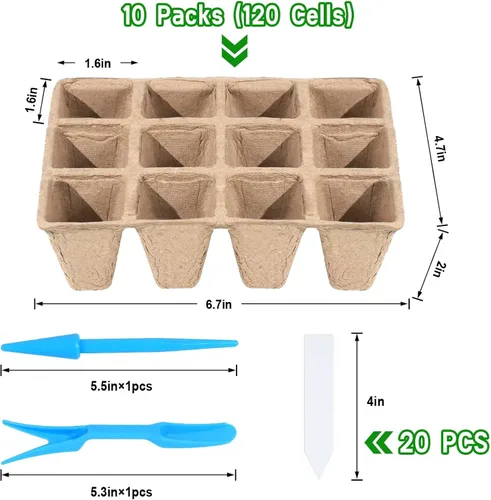 Miniatura 2 de 10 paquetes de bandejas de inicio de plántulas, 120 celdas biodegradables macetas de iniciación de semillas, kit de bandeja de germinación