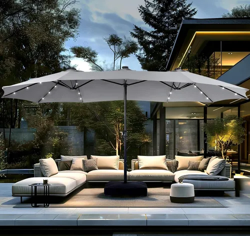 Miniatura 10 de PHI VILLA Sombrilla de patio grande de 15 pies con base y luces solares, paraguas rectangular de doble cara para exteriores con 36 luces LED, Beige