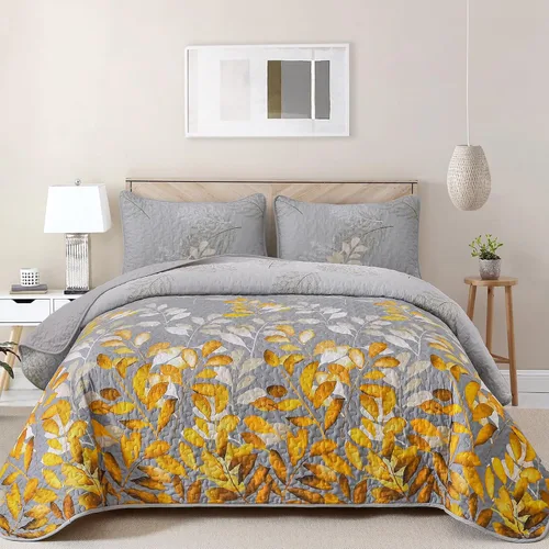Miniatura 16 de WONGS BEDDING Juego de edredón floral tamaño Queen, 3 piezas, colcha con hojas botánicas en color agua, juego de edredón con 2 fundas de almohada