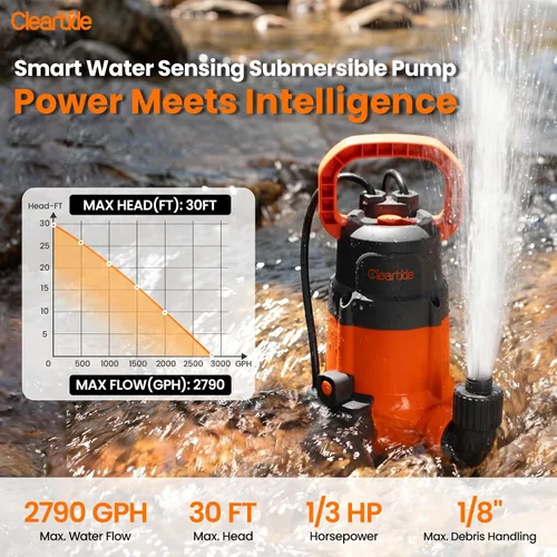 Miniatura 2 de Cleartide Bomba de Sumidero Sumergible, Sensor de Agua Inteligente Auto Encendido/Apagado, Modo Manual/Automático, Bomba de Agua de Utilidad