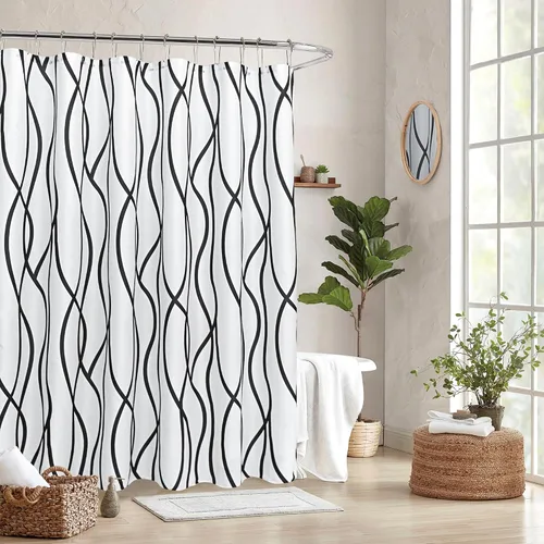 Biscaynebay - Cortina de ducha extra larga de tela texturizada, 72 x 84 pulgadas, negra con rayas estampada, de lino moderno, de calidad de hotel,