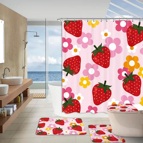 Miniatura 2 de Juego de 4 cortinas de ducha de frutas de fresa de 60 pulgadas de ancho por 72 pulgadas de alto, juego de baño con flores, color rosa Y2K, accesorio