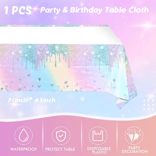 Miniatura 5 de Suministros de decoración de fiesta de cumpleaños con diamantes iridescentes, juego de vajilla de papel holográfico desechable incluye 20 platos, 20