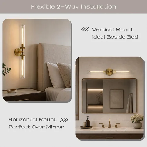 Miniatura 3 de Aplique de pared de baño de 30", apliques de pared de latón con cableado fijo, aplique de pared dorado regulable, apliques lineales moleteados