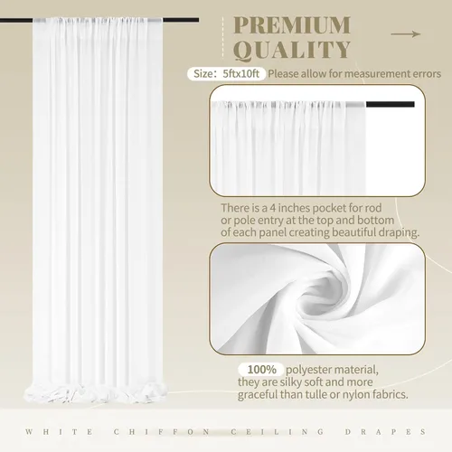 Miniatura 8 de 6 paneles de cortinas blancas para techo de boda, cortinas de techo de 5 x 10 pies, cortinas de tela transparente para arco de boda, cortinas