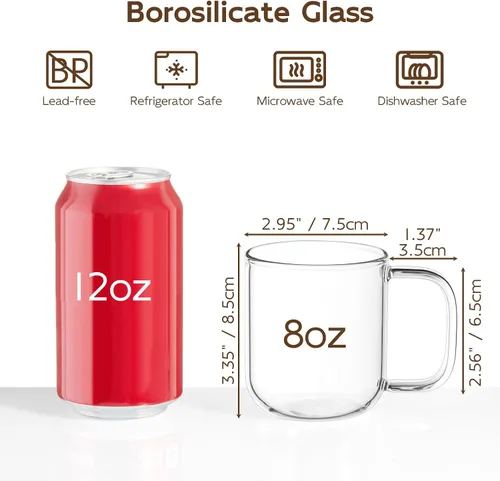 Miniatura 3 de Tazas de café de vidrio, tazas de café helado de 8 onzas, juego de 2 tazas de té transparentes, tazas de vidrio con asas, tazas de vidrio para café