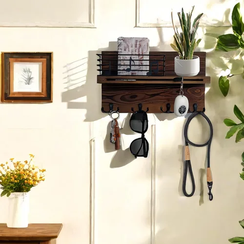 Miniatura 8 de Soporte para llaves de pared, soporte para llaves en la pared con estante, soporte para llaves y correo para pared con 4 ganchos dobles para correa
