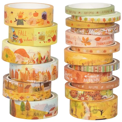 Juego de 18 rollos de cinta Washi de otoño, adornos estampados de otoño, cintas adhesivas decorativas amarillas para artes, manualidades, diarios,