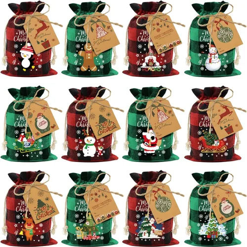 Miniatura 11 de 72 bolsas de regalo navideñas medianas de algodón con cordón de cuadros búfalo, bolsas de dulces navideños de algodón, bolsas pequeñas de tela Medio