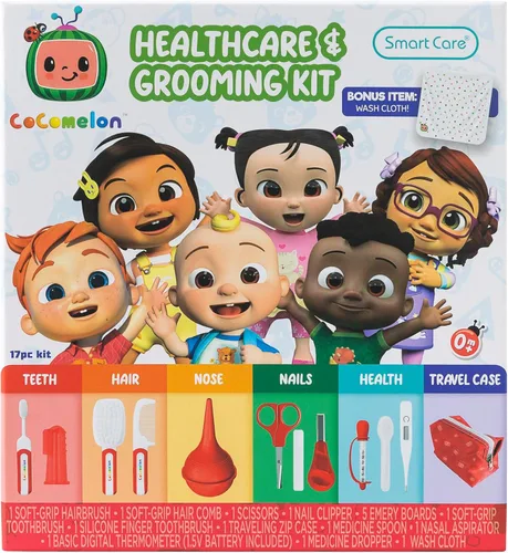 Smart Care Cocomelon - Kit de cuidado de la salud y aseo para bebés, artículos esenciales para recién nacidos, incluye termómetro, gotero de