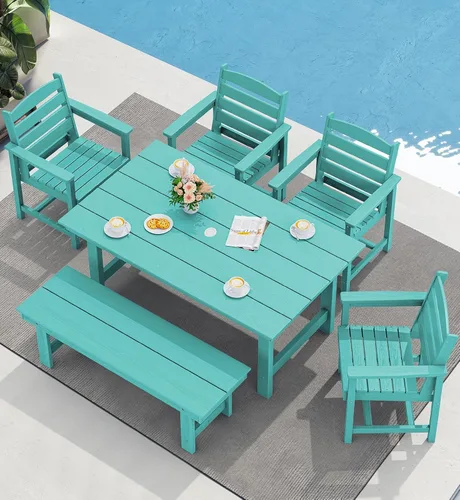 Miniatura 30 de SERWALL Juego de Mesa de Comedor de HDPE para Exteriores, Juego de 7 Piezas de Mesa de Comedor al Aire Libre con Mesa con Corte para Agujero de Gris