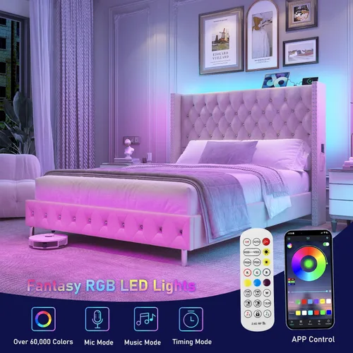 Miniatura 7 de Hlivelood - Marco de cama Queen LED tapizado con cabecera de respaldo, marco de cama tapizado con botones de diamante de terciopelo con puertos USB