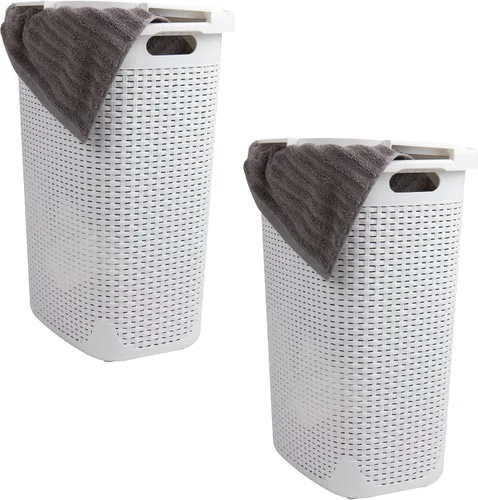 Miniatura 20 de Mind Reader Cesta de lavandería delgada con tapa, cestas de ropa de 60L, diseño de mimbre premium, plástico, paquete de 2, rosa