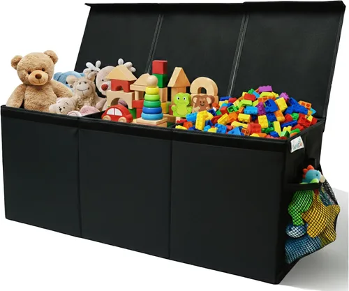 SoftOwl Organizador de almacenamiento de juguetes extra grande con tapa, diseño de caja de almacenamiento de juguetes resistente y plegable, Negro