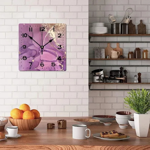 Miniatura 4 de Reloj de pared de madera púrpura y dorado con textura de purpurina de 15 pulgadas, reloj de pared de madera cuadrado clásico con números grandes