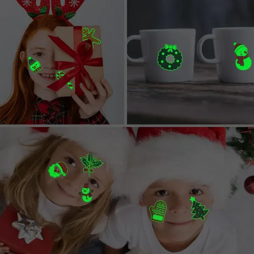 Miniatura 5 de CHARLENT Tatuajes temporales de Navidad que brillan en la oscuridad para suministros de fiesta de niños, 74 hojas individuales, tatuajes luminosos