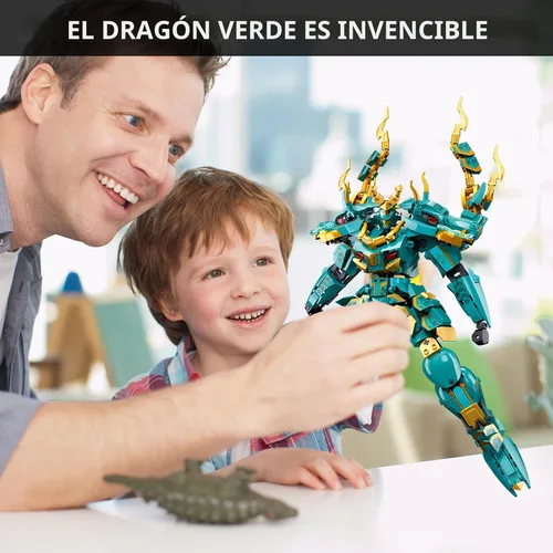 Miniatura 7 de CSNRHG Green Dargon Samurai mech Robot con modelo de lanza larga, bloques de construcción, juego de juguetes de cumpleaños mítico para niños mayores