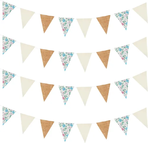 Zwiebeco Banderín de tela floral beige de 39 pies, bandera vintage de arpillera triangular, banderines de flores retro, decoración de fiesta para