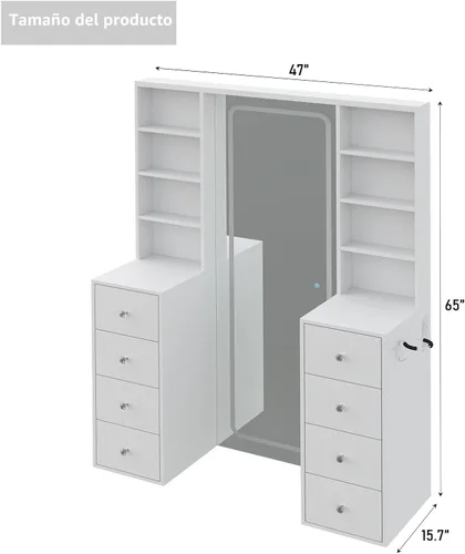 Miniatura 8 de Yanosaku Espejo LED de longitud completa de 47 x 65 pulgadas con toma de corriente, 8 cajones y 8 estantes para dormitorio/guardarropa, regulable e