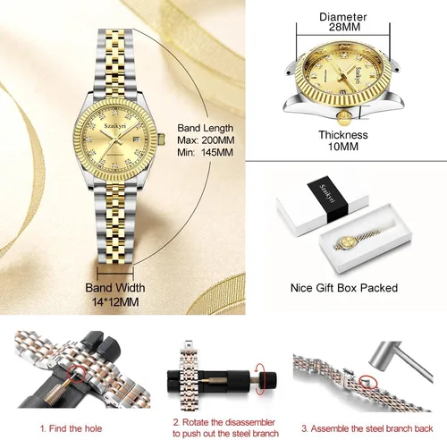 Miniatura 6 de Reloj clásico para mujer con banda de acero inoxidable sólido, reloj de vestir para mujer, reloj con calendario